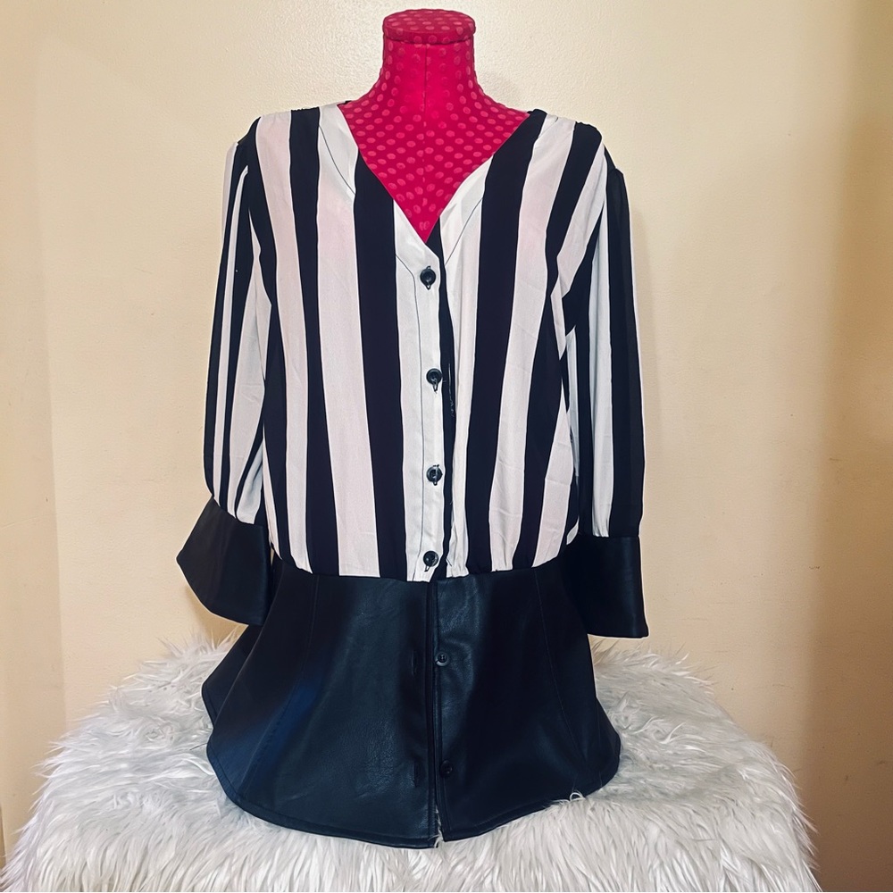 Ashley Stewart Chiffon Striped Black & White Plus Size Button Up Blouse